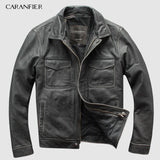 CARANFIER DHL Free Shipping Mens 100% Cowhide Genuine Leather Jacket  High quality old retro motorcycle leather jacket 3XL