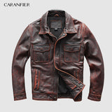CARANFIER DHL Free Shipping Mens 100% Cowhide Genuine Leather Jacket  High quality old retro motorcycle leather jacket 3XL