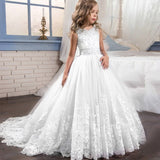 Long trailing lace flower dress girls evening wedding birthday girls dress