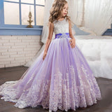 Long trailing lace flower dress girls evening wedding birthday girls dress