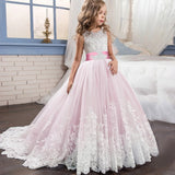 Long trailing lace flower dress girls evening wedding birthday girls dress