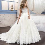Long trailing lace flower dress girls evening wedding birthday girls dress