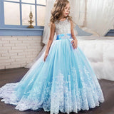 Long trailing lace flower dress girls evening wedding birthday girls dress