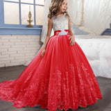 Long trailing lace flower dress girls evening wedding birthday girls dress
