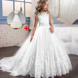 Long trailing lace flower dress girls evening wedding birthday girls dress