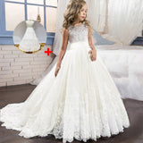 Long trailing lace flower dress girls evening wedding birthday girls dress