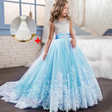 Long trailing lace flower dress girls evening wedding birthday girls dress