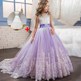 Long trailing lace flower dress girls evening wedding birthday girls dress
