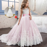Long trailing lace flower dress girls evening wedding birthday girls dress