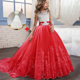 Long trailing lace flower dress girls evening wedding birthday girls dress