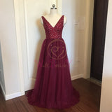Beading Prom Dresses V neck Pink High Split Tulle Sweep Train Sleeveless Evening Gown A-line Lace Up Backless
