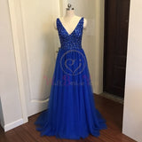 Beading Prom Dresses V neck Pink High Split Tulle Sweep Train Sleeveless Evening Gown A-line Lace Up Backless