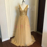 Beading Prom Dresses V neck Pink High Split Tulle Sweep Train Sleeveless Evening Gown A-line Lace Up Backless