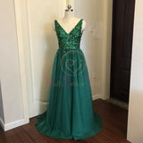 Beading Prom Dresses V neck Pink High Split Tulle Sweep Train Sleeveless Evening Gown A-line Lace Up Backless