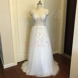 Beading Prom Dresses V neck Pink High Split Tulle Sweep Train Sleeveless Evening Gown A-line Lace Up Backless