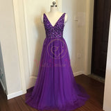 Beading Prom Dresses V neck Pink High Split Tulle Sweep Train Sleeveless Evening Gown A-line Lace Up Backless