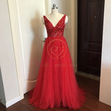 Beading Prom Dresses V neck Pink High Split Tulle Sweep Train Sleeveless Evening Gown A-line Lace Up Backless