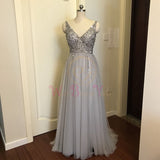 Beading Prom Dresses V neck Pink High Split Tulle Sweep Train Sleeveless Evening Gown A-line Lace Up Backless