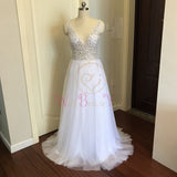 Beading Prom Dresses V neck Pink High Split Tulle Sweep Train Sleeveless Evening Gown A-line Lace Up Backless