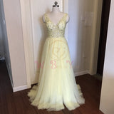 Beading Prom Dresses V neck Pink High Split Tulle Sweep Train Sleeveless Evening Gown A-line Lace Up Backless