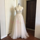 Beading Prom Dresses V neck Pink High Split Tulle Sweep Train Sleeveless Evening Gown A-line Lace Up Backless