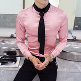 New Fashion White Dress Shirts Men Tie Long Sleeve Casual Formal Shirt Man Slim Fit Wedding Shirt Male Clothing Tops