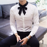 New Fashion White Dress Shirts Men Tie Long Sleeve Casual Formal Shirt Man Slim Fit Wedding Shirt Male Clothing Tops