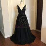 Beading Prom Dresses V neck Pink High Split Tulle Sweep Train Sleeveless Evening Gown A-line Lace Up Backless