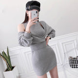 CINESSD Elastic Two Piece Long Sleeve Knitted Sweater Dress for Women