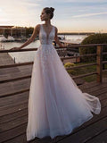 LORIE Light Pink Princess Wedding Dress Sleeveless Appliqued Bride Dress A-Line Tulle Bride Wedding Gowns Boho Wedding Gown