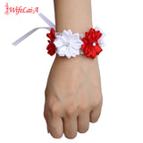 6piece/lot White Red Hand Wrist Flower Satin Rose Bride Bridesmaid Wrist Corsage Bracelet Wedding Hands Prom Accessoirs SW0678-Z