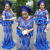Plus Size African Royal Blue Prom Dresses Mermaid Beaded Nigerian Lace Appliques Aso Ebi Evening Gowns Mother Of The Bride Dress
