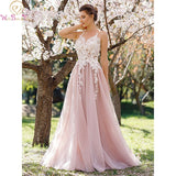 Light Pink Prom Dresses Elegant Lace Applique Tulle Long Evening Dress O Neck Sleeveless