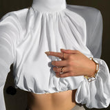 InstaHot Silk White Black Cropped Top Ladies Blouse Puff Sleeve Ruched Turtleneck Women Long Sleeve Shirt Casual Sexy Loose Top
