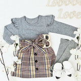 Kids two pieces set ruffle t shirt wit plaid skirt