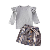 Kids two pieces set ruffle t shirt wit plaid skirt