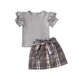 Kids two pieces set ruffle t shirt wit plaid skirt