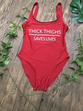 High Cut THICK THIGHS SAVES LIVES Funny Letter Swimsuit One Piece Swimwear Black Monokini Bodysuit