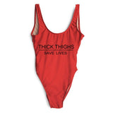 High Cut THICK THIGHS SAVES LIVES Funny Letter Swimsuit One Piece Swimwear Black Monokini Bodysuit