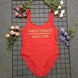 High Cut THICK THIGHS SAVES LIVES Funny Letter Swimsuit One Piece Swimwear Black Monokini Bodysuit