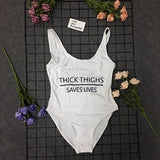 High Cut THICK THIGHS SAVES LIVES Funny Letter Swimsuit One Piece Swimwear Black Monokini Bodysuit