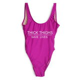High Cut THICK THIGHS SAVES LIVES Funny Letter Swimsuit One Piece Swimwear Black Monokini Bodysuit