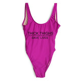 High Cut THICK THIGHS SAVES LIVES Funny Letter Swimsuit One Piece Swimwear Black Monokini Bodysuit