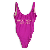 High Cut THICK THIGHS SAVES LIVES Funny Letter Swimsuit One Piece Swimwear Black Monokini Bodysuit