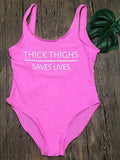 High Cut THICK THIGHS SAVES LIVES Funny Letter Swimsuit One Piece Swimwear Black Monokini Bodysuit