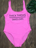 High Cut THICK THIGHS SAVES LIVES Funny Letter Swimsuit One Piece Swimwear Black Monokini Bodysuit