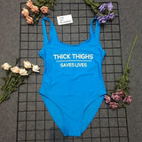 High Cut THICK THIGHS SAVES LIVES Funny Letter Swimsuit One Piece Swimwear Black Monokini Bodysuit