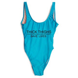 High Cut THICK THIGHS SAVES LIVES Funny Letter Swimsuit One Piece Swimwear Black Monokini Bodysuit