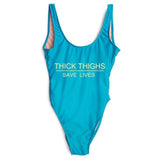 High Cut THICK THIGHS SAVES LIVES Funny Letter Swimsuit One Piece Swimwear Black Monokini Bodysuit