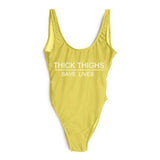 High Cut THICK THIGHS SAVES LIVES Funny Letter Swimsuit One Piece Swimwear Black Monokini Bodysuit
